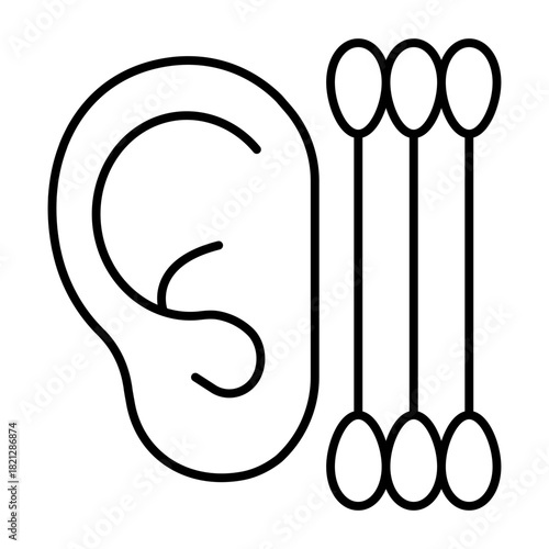 Ear and swabs thin line icon, body hygiene concept. Vector graphics. Human ear with clean sticks, cleaning sign on white background, style icon mobile or web design.
