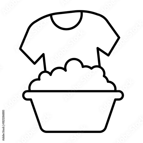 Shirt in washing basin with soap foam thin line icon, body hygiene concept. Vector graphics. Basin with foam powder, laundry sign on white background, style icon mobile or web design.