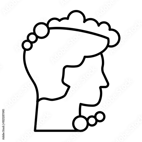 Man head hair with foam thin line icon, body hygiene concept. Vector graphics. Guy with soapy shampoo foam, head washing sign on white background, style icon mobile or web design.