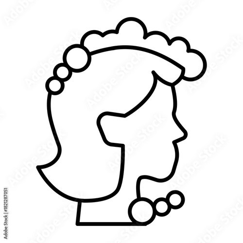 Woman head hair with foam thin line icon, body hygiene concept. Vector graphics. Girl with soapy shampoo foam, head washing sign on white background, style icon mobile or web design.