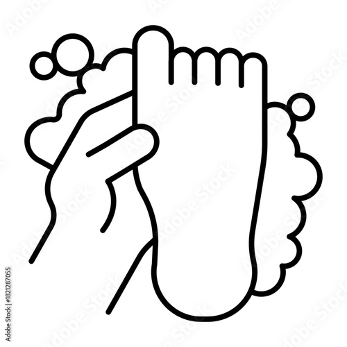 Foot with soap foam thin line icon, body hygiene concept. Vector graphics. Human foot with soapy foam bubbles, body washing sign on white background, style icon mobile or web design.