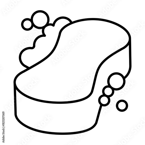 Washing sponge and soap foam thin line icon, washing concept. Vector graphics. Sponge and soapy foam bubbles, wash sign on white background, style icon mobile or web design.
