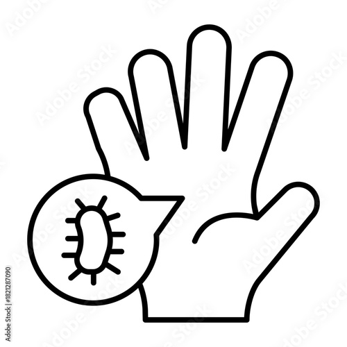 Hand and dialog bubble with bacteria thin line icon, body hygiene concept. Vector graphics. Bug popup and hand, washing hands sign on white background, style icon mobile or web design.