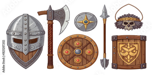 "Elder warrior game icons. Helmet, axe, bow, armor plates, magic rings, ancient relics, battle insignia, guild symbols. High-detailed cartoon fantasy vector for RPG and adventure games."