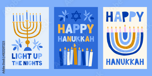 Modern Hanukkah vector cards set. Cute jewish holidays print designs with menorah, candles, star of David, olives illustrations