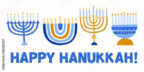 Hanukkah menorah modern vector illustrations set. Jewish holidays candles banner. Happy Hanukkah