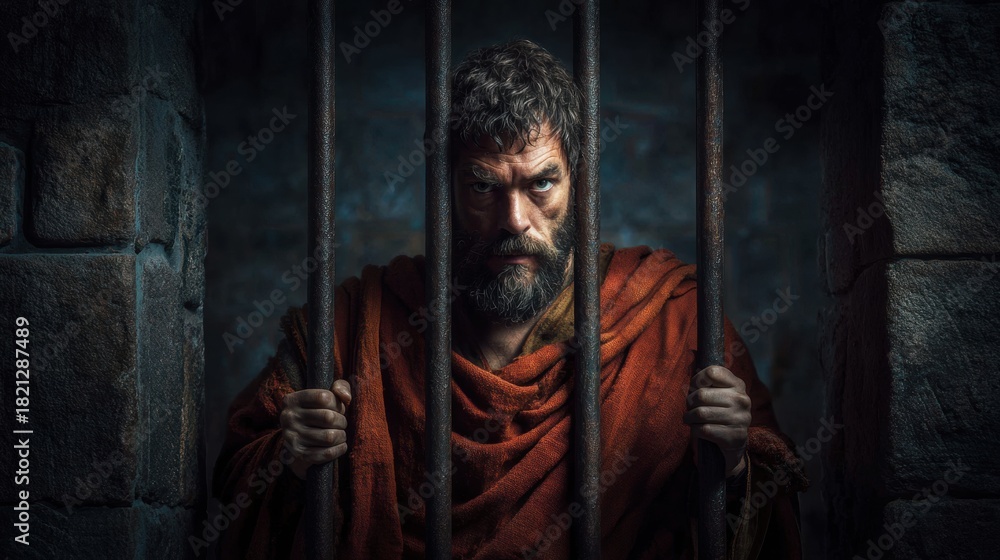 Naklejka premium Paul the Apostle in Prison, Reflecting on Faith and Perseverance During His Time of Trial