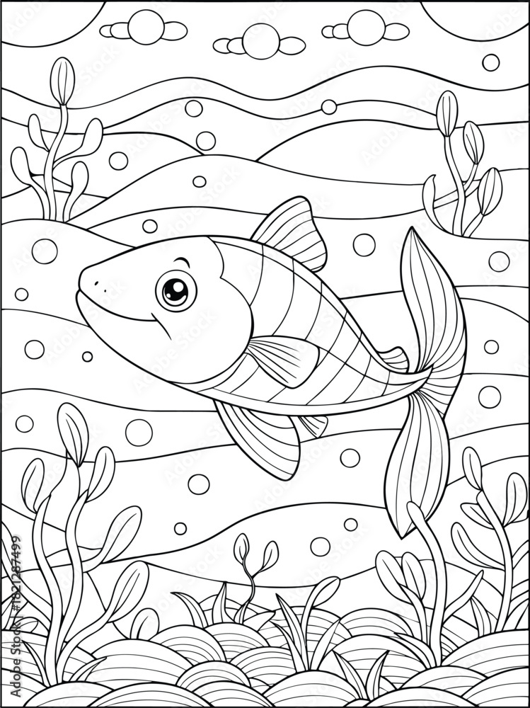 Fototapeta premium Happy cartoon fish swimming among seaweed and bubbles in an ocean scene, kids coloring book page outline