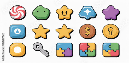 Bright glossy style, cute mobile game UI icons, vector illustration, isolated on transparent background."