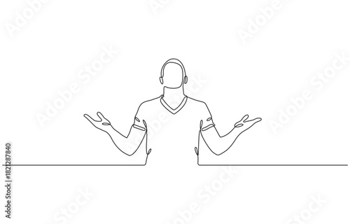 Continuous one line drawing of a person shrugging with open hands expressing confusion or uncertainty isolated on transparent background.