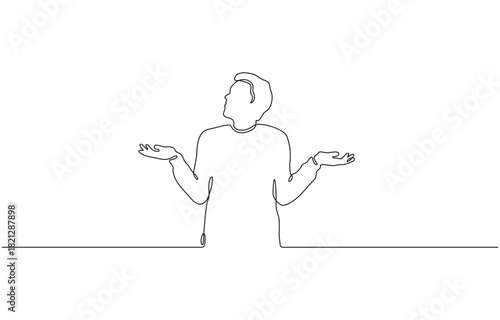 Continuous one line drawing of Person shrugging with open hands expressing confusion or uncertainty isolated on transparent background.