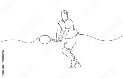 Continuous one line drawing of tennis player in action mid swing isolated on transparent background.