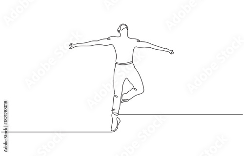 Continuous one line drawing of a young man gracefully performing a ballet pose isolated on transparent background.
