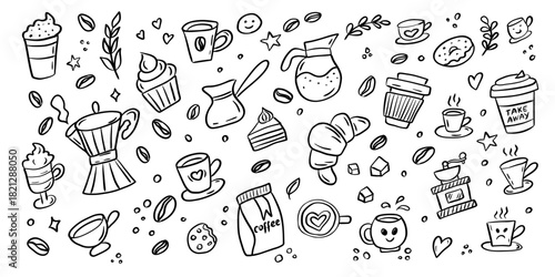 Coffee doodle pattern with mugs beans desserts and cafe elements