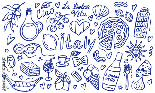 Italy doodle illustration with food landmarks and symbols
