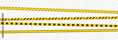 A set of caution yellow tapes with black stripes. Caution tape PNG. Caution barrier tape for marking hazardous areas on a transparent background.