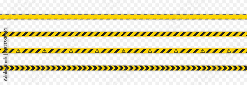 A set of caution yellow tapes with black stripes. Caution tape PNG. Caution barrier tape for marking hazardous areas on a transparent background.