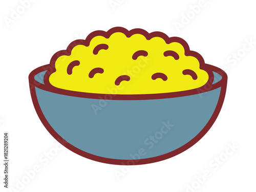 A simple illustration of a bowl filled with bright yellow rice or grains.