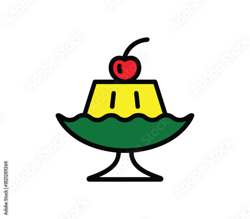 A simple cartoon illustration of yellow pudding topped with a red cherry