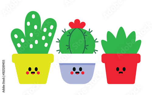 Three potted succulents with happy faces in colorful planters