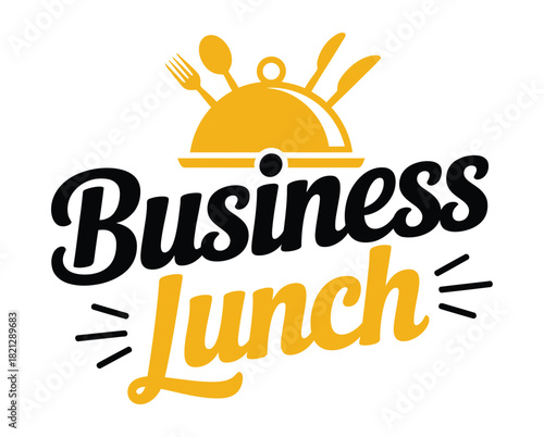 The words "Business Lunch" are presented with a covered dish and cutlery graphics.