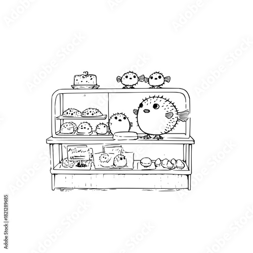 Illustration of a bakery display case filled with cakes and puffer fish characters on shelves