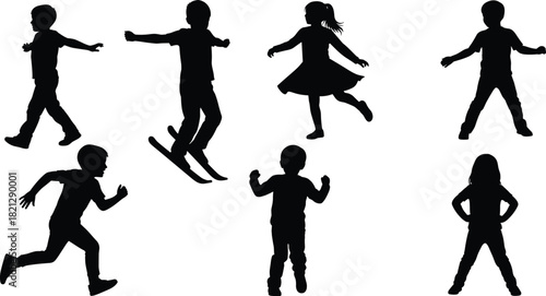 Playful child silhouette set, dynamic poses, black on white, running, jumping, dancing, expressive gesture, physical activity, childhood icon