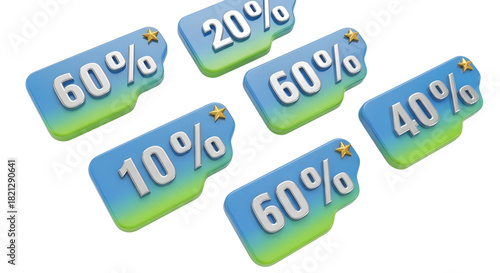Multiple 3d discount percentage tags advertising isolated on transparent background