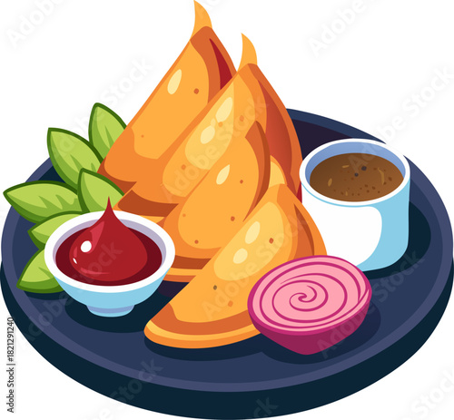 Spicy Potato Samosas with Ketchup and Sliced Onions in Plate. Authentic Indian Street Snacks Illustration