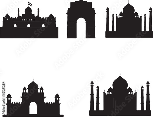 Silhouettes of historical Indian landmarks for tourism and architecture design elements