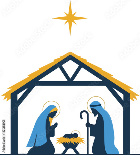 Holy Night: The serene scene of the nativity, portraying the Holy Family in a humble stable, illuminated by the radiant Star of Bethlehem, evoking a feeling of peace and hope.