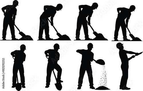 Construction worker silhouette set, shovel action poses, black on white, manual labor icon, digging gesture, material handling, work posture