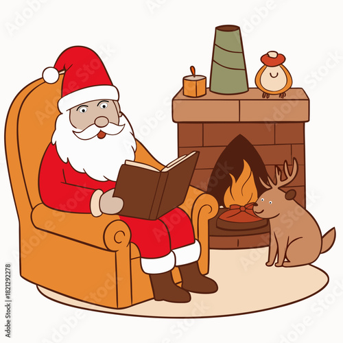 Santa claus reading a book by the fireplace with a reindeer companion isolated on white background