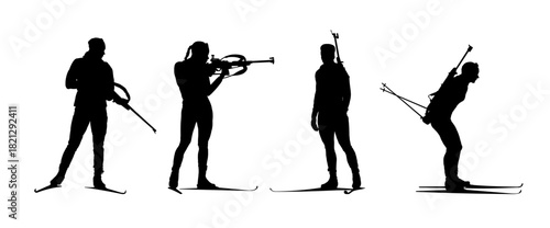 Set of biathletes silhouettes in different poses vector illustration