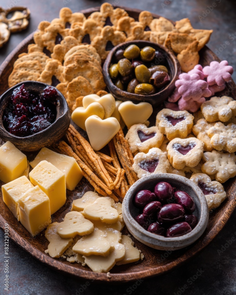 Fototapeta premium Cozy Holiday Charcuterie Board with Cookies, Cheese, Olives and Festive Snacks