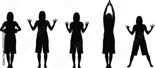 Expressive gesture silhouette set, raised arm poses, black on white, body language icon, dance or yoga posture, movement sequence