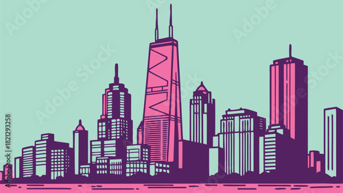 Futuristic Downtown View with Pastel Towers and Teal Sky