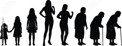 Female aging silhouette set, life stage progression, black on white, childhood to elderly, posture icon, generational timeline, age transition