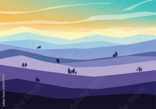 Vibrant Abstract Landscape with Rolling Hills and Tiny Silhouettes of People Enjoying Nature's Serenity