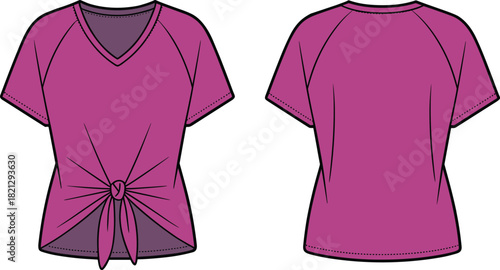 Magenta women’s top, short sleeve blouse, V-neck tie front shirt, raglan sleeve fashion, apparel mockup, garment flat sketch
