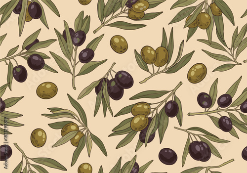 A seamless vector pattern featuring hand-drawn olive branches with both green and ripe black olives, ideal for a natural food background