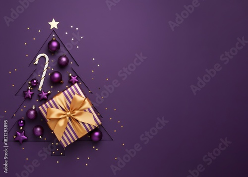 A purple backdrop hosts a dark purple Christmas tree cutout, gift box with bow, ornaments and scattered stars creating a joyful 'Christmas and New Year' holiday mood.