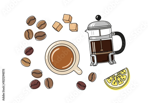 Illustration of coffee, coffee beans, sugar cubes, lemon slice, and a french press