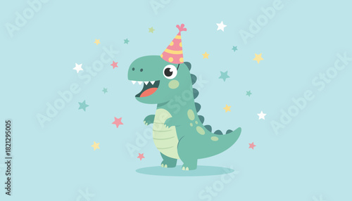 Cute green dinosaur wearing a party hat and surrounded by colorful stars, celebrating on a light blue background, perfect for a birthday invitation or greeting card