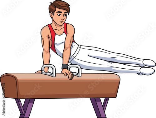 Male gymnast performing on pommel horse, vector illustration of athlete competing in artistic gymnastics, isolated on white background