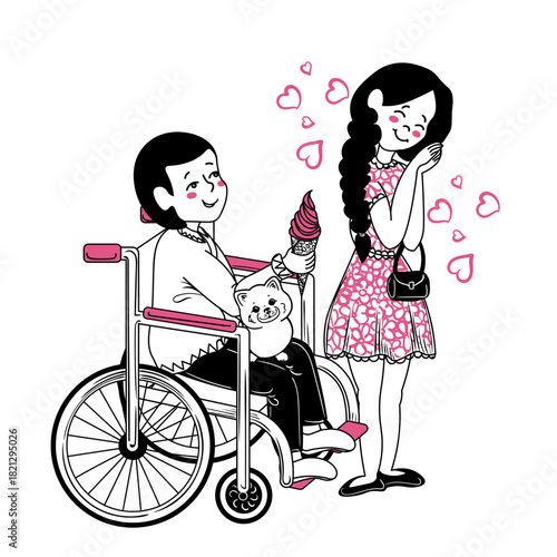 Vector illustration of a couple in love walking with their pet. A man in rehabilitation in a wheelchair gives ice cream to a girl. Family warmth and care. Print with a date