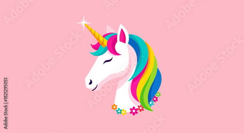 Colorful Unicorn Head with Floral Decoration on Pink Background