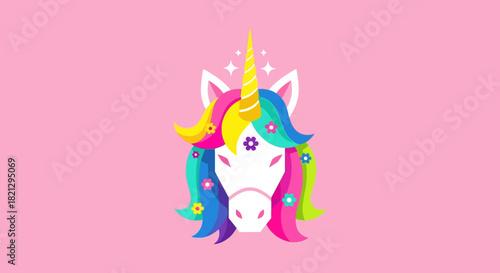 Vibrant and enchanting unicorn head illustration with a shimmering golden horn and a rainbow mane, embodying magic, fantasy, and boundless imagination for whimsical designs