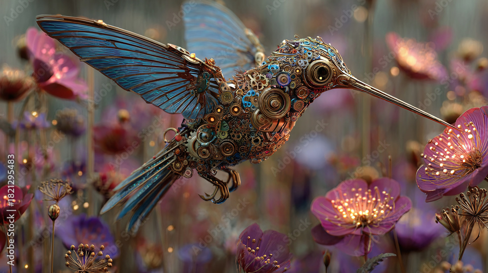 Obraz premium An exquisite steampunk hummingbird gracefully hovering amidst vibrant flowers, capturing the essence of intricate mechanical design and the beauty of nature