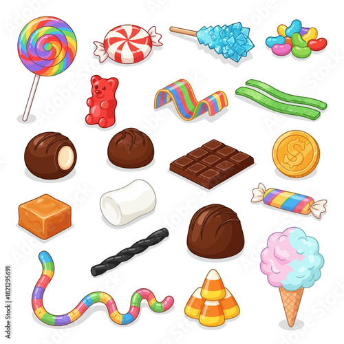 A vibrant assortment of colorful candies, sweets, and confectionery treats, perfect for celebrations and sugary delights